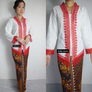 Atasan Saja Kebaya Encim Brokat Lengan Panjang Amelia Brukat Warna Merah Putih