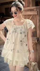 Set áo babydoll tay bèo set đồ tiểu thư bánh bèo set áo vintage nhẹ nhàng mặc hè Thô thêu hoa đen bẹt vai tay bèo mix chân váy dáng ngắn tầng Ren có quần