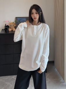 เสื้อยืดคอกลมแขนยาวสีขาว ทรงหลวม สำหรับผู้ชายและผู้หญิง ฤดูใบไม้ร่วง/ฤดูหนาว เสื้อเชิ้ตชั้นใน เสื้อสเวตเตอร์น้ำหนักหนักสไตล์อเมริกัน