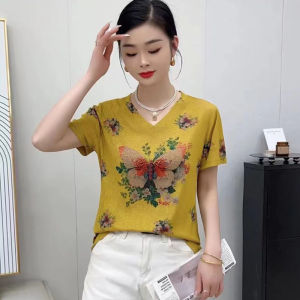 Slimming V-Neck Printed Ice Silk Cotton Short Sleeve T-Shirt for Women Summer Fashionable Mommy Style Commute Friendly Top