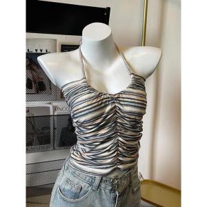 Áo Thun Cổ Tròn Tay Rộng Dáng Ôm Mùa Hè Cổ Điển Cho Nữ Áo Thun Sọc Gấp Gọn Không Tay Áo Thun Thường Ngày