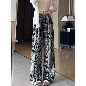 กางเกงขายาวทรงหลวมเอวสูงพิมพ์ลายดอกไม้สำหรับผู้หญิงในช่วงฤดูร้อนปี 2025 กางเกงขายาวทรงตรงบางสบายๆ ที่สวมใส่ได้ตลอดทั้งปี