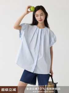 Low Calorie Summer Hibiscus Bubble Sleeve round Neck Shirt Pleating Half Sleeve round Neck Blouse Cotton Material