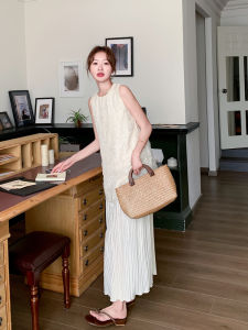Gentle Wind Summer New Style Casual Sleeveless Long Dress Womens Elegant Atmosphere Pretend Two-Piece Knitted A-Line Skirt