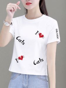 เสื้อยืดแขนสั้นผ้าฝ้ายบริสุทธิ์สําหรับผู้หญิงสําหรับฤดูร้อนสไตล์ใหม่เวอร์ชั่นเกาหลีหลวมแลดูผอมเข้าได้หลายชุดพิมพ์ลายเสื้อคอกลม