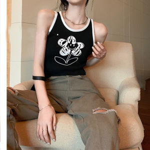 American Style Slim Fit Vest Womens Cute Style Floral Print Crop Top Belly Baring Short Shirt Vintage Trendy Belly Slimming