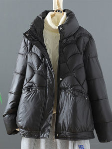 Black Lightweight Cotton down Jacket Womens Short Style Filled Coat Korean Version Commute Pure Color Large Size Coat