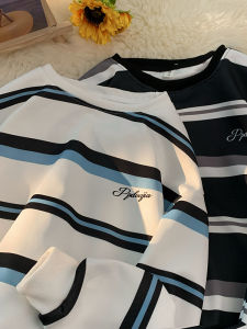 Casual Stripe Color Block Long Sleeve round Neck T-Shirt for Men Spring Autumn American Style Heavyweight Trendy Outerwear