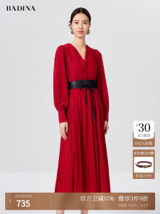 Badina French V-neck Long Sleeve Midi Dress Womens Spring Autumn New High Waist Pleated Skirt Elegant Style Pure Color Dress