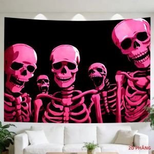 VIKAMA Màu Hồng Đầu Lâu Gothic Tấm Thảm Nền Đen Thiết Kế Hình Xương Phong Cách Y2K Cho Phòng Ngủ Ký Túc Xá Treo Tường Trang Trí