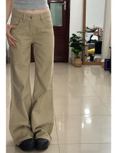Low Waist Flared Jeans Womens Loose Fit Floor-Length Vintage Style Khaki Color American Retro Denim Pants Autumn Season