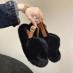 New 2025 Womens Thick Bottom Cross Hair Slippers Indoor Outdoor Wear Korean Style Autumn Winter New Fashion Cotton Slippers