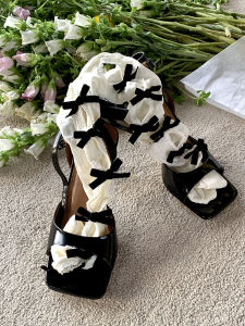 Cnorahk Niche Style Zhang Yuanying Same Flocking Bows Cut Out Knee Socks Lace Retro Slimming Thigh High Socks