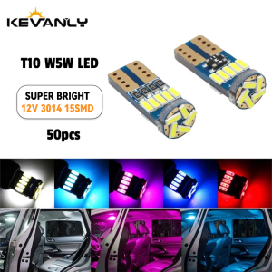 KEVANLY | 50pcs T10 Led Light W5W 15 SMD 3014 Chip Car Wedge Clearance Lamp Interior Reading Dome Light Side Indicator White Blue Pink