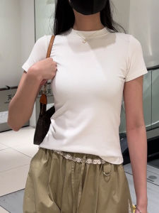 Women's Short Sleeve T-Shirt Summer 2023 Shoulder Line Fit White Semi-High Collar Solid Color Simple Korean Style Slim Body Base Shirt