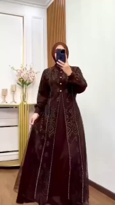 Gamis Jumbo Model Terbaru Denara Dres Ceruty Babydoll Mix Brukat Aplikasi Swarovski M L XL XXL 3XL Dress Kondangan Wanita Elegan Busui Friendly Baju Muslim Seragaman Pernikahan Warna Mahogany Burgundy Hitam Denim