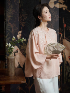 JK&JS | Wool Rayon Blend Embroidered Pink Light Spring Summer Shirt Blouse