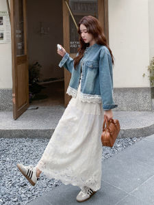 Denim Blue Lace Splice Set Womens Autumn New Style Jacket Skirt Two-Piece Set High Waist Long Skirt Casual Fashion Ensemble