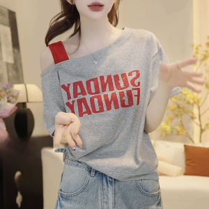 Shalldoer | Fashionable Letter Print Color Block Short Sleeve T-Shirt Womens Summer Trendy Shoulder Bared Side Collar Top Casual Loose Fit