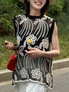QINGNAER | Elegant French Design Summer Large Size Lace Embroidery Transparent Sleeveless Shirt
