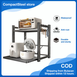 CompactSteel Store Microwave Shelf Rack Pull Out Rack Organizers with Hooks 2 Layer Kitchen Racks Organizer Expandable Rice Cooker Rack Height Adjustable Oven Stand Rack Condiments Shelf