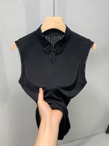 Elegant Black Mesh Top Womens High-End T-Shirt Stand Collar Sleeveless Vest Outerwear Fashionable Commute Nylon Fiber