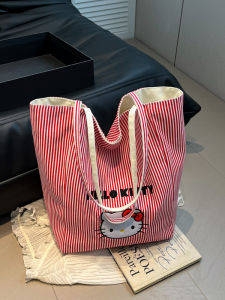 HelloKitty Canvas Tote Bag Women Large Capacity Double Sided Striped Shoulder Bag Commuting Class Tote Bag Casual Cartoon Pattern