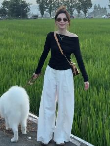 YUFUQING | Early Autumn Fashionable Womens Long Sleeve Shoulder Bared T-shirt Wide Leg Pants Two-piece Set Elegant Style Korean Trend