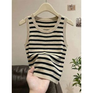 V.C.I | Black and White Stripe Knit Vest Top for Both Layering and Outerwear