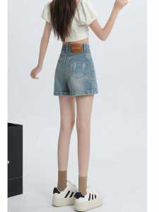 High Waist Embroidered A-Line Thin Denim Shorts Womens Summer Wearable Blue Cotton Stretch Fabric Narrow to Wide Flip Flop