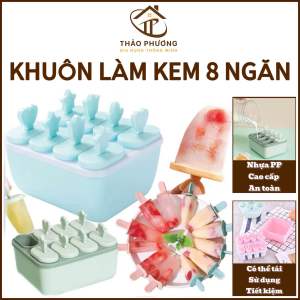 Khuôn Làm Kem Que 8 Ô Có Nắp Tay Cầm Dễ Thương Có Thể Dùng Được Nhiều Lần - Khay Kem Que Tiện Dụng Mùa Hè