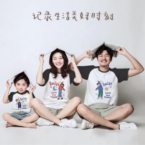 High-End Family Matching Summer Clothes Pure Cotton Short Sleeve T-Shirts for Three Or Four Members Trendy Casual Cartoon Print