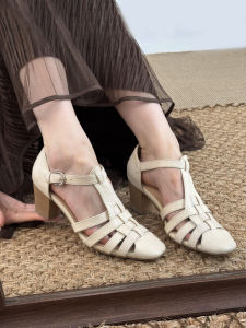 FANGXI | Sheepskin Braided Hollowed-out Square Head Mary Jane High Heels Sandals
