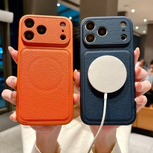 Fashion Matte Leather Large Window For Magsafe Magnetic Phone Case For iPhone 17 16 Plus 15 14 13 Pro Max Shockproof Armor Cover