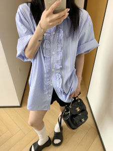 Casual Loose Womens Short Sleeve Shirt Summer Vertical Stripes Lace Trim T-Shirt Fashionable Lazy Sensation Loose Fit Top