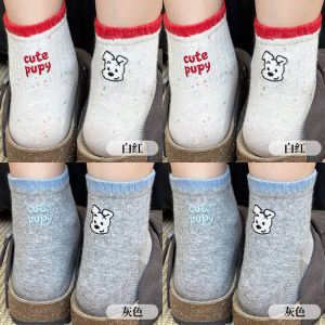 Grey Short Tube Socks Womens Summer Thin Cute Cartoon Japanese Style INS Trendy Little Dog Dot Mesh Breathable Cotton Socks