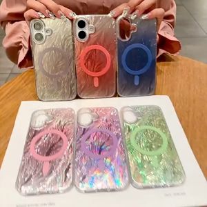 Gradient Glitter Feather Pattern Magnetic Phone Case for IPhone 16 Pro Max 12 13 14 15 Pro Max 16 Plus 11 Hard Casing Shockproof Back Cover