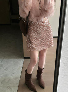 XUECAIQI | All Match Lace Hollow-out Slimming Long Sleeve Shirt Sparkle Skirt Set