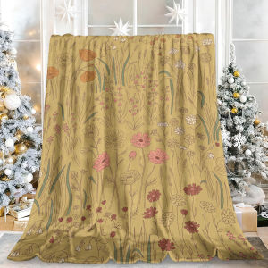 Beast Kingdom | Mustard Yellow Colorful Wildflower Meadow Line Art Flannel Blanket Soft Fuzzy Plush Cozy Warm Throw for Sofa Bed Couch