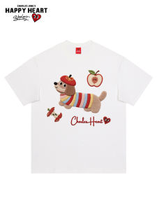 CHARLES JANGS HAPPY HEART | Cotton Summer Cartoon Dachshund Apple Graffiti Print Casual T-Shirt
