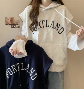 Cec ปักตัวอักษร Hooded Sweatshirt สําหรับผู้หญิงหลวม Fit เสื้อแขนกุดฤดูใบไม้ผลิฤดูใบไม้ร่วงสไตล์บางอินเทรนด์ INS