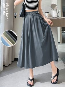 YAMIANNV | Váy midi chữ A bằng lụa băng mùa hè cho mẹ dáng rộng thoải mái dài đến đầu gối màu đen váy dài thường ngày cho nữ