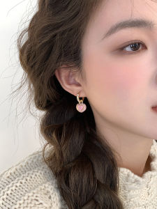 Golden Peach Design Earrings Womens Fashion Jewelry Heart Shaped Powdered Mist Two-Way Wear Gentle Alloy Handmade Ear Decor