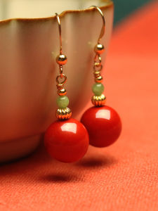14K Gold Plated King Sand round Beads Earrings Elegant Style Red Color for Chinese Zodiac Year Womens Fashion Retro Drop Earrings