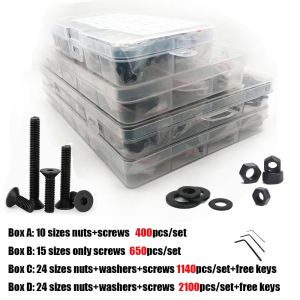 400/1140Pcs M1.6M2 M2.5 M3 M4 M5 10.9 Grade Black Steel Hex Socket Countersunk Head Screw Set Bolt and Nut Washer Assortment Kit