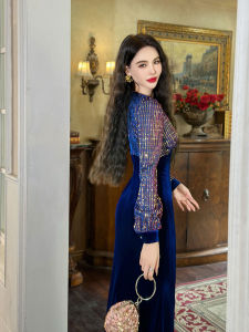 Blue Velvet Long Sleeve Dress Vintage Hepburn Style Autumn Winter New Arrival Womens Fashion Classy Gown V Neck Floor Length