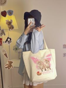 กระเป๋าผ้าแคนวาสพิมพ์ลายแมวน่ารักกระเป๋าสะพายสไตล์ใหม่สําหรับผู้หญิงความจุขนาดใหญ่เหมาะสําหรับการใช้งานประจําวันและการจับคู่ในโรงเรียน