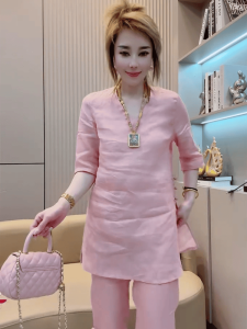 Elegant Casual Cotton Linen Two-Piece Set Womens New Chinese Style Mid-Length Shirt Dress plus 9-Length Pants Summer 2024