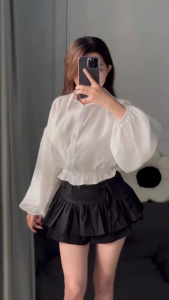 Áo sơ mi cổ bẻ vintage form croptop chất Đũi Lụa thắt chun dưới tay bồng dài dễ thương