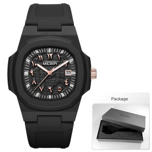 MEGIR Square Luxury Mens Watch with Arabic Numerals Luminous Calendar Date Silicone Strap Male Sports Quartz Wristwatch For Man